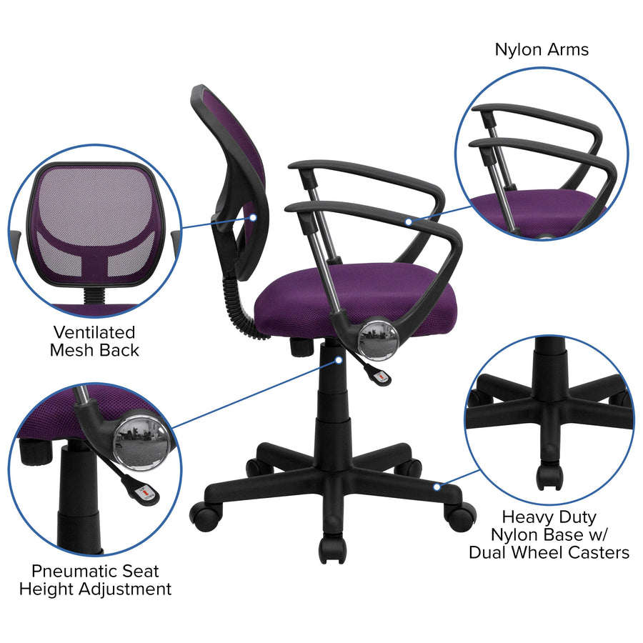 Low Back Mesh Swivel Task Office Chair with Curved Square Back and Arms