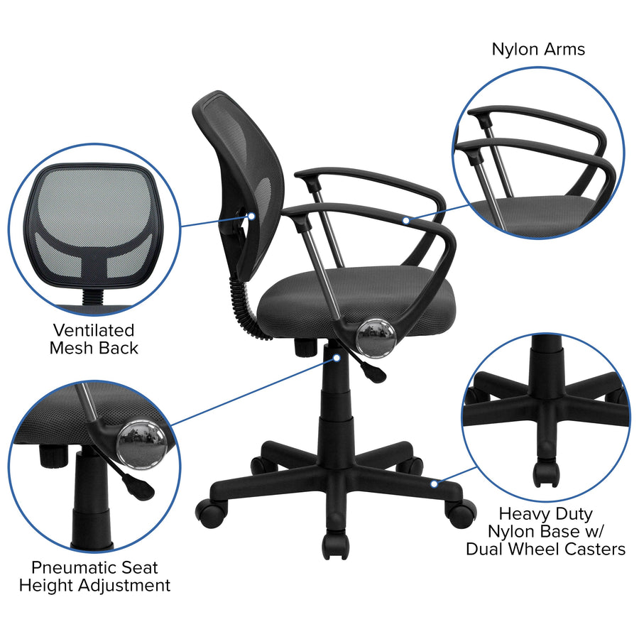 Low Back Mesh Swivel Task Office Chair with Curved Square Back and Arms