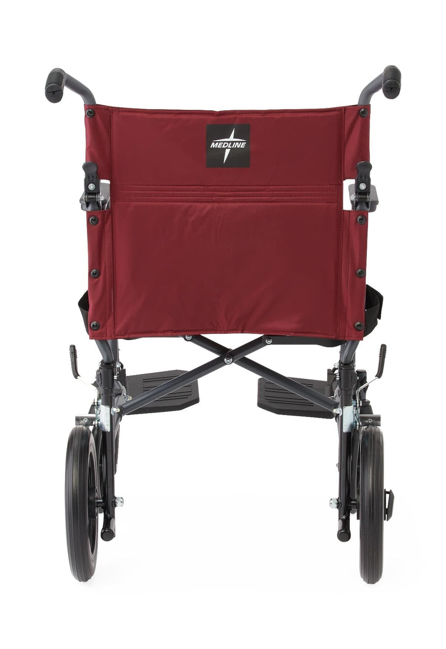 Medline Basic Steel Folding Transport Chair with 12" Wheels - Gray and Burgundy