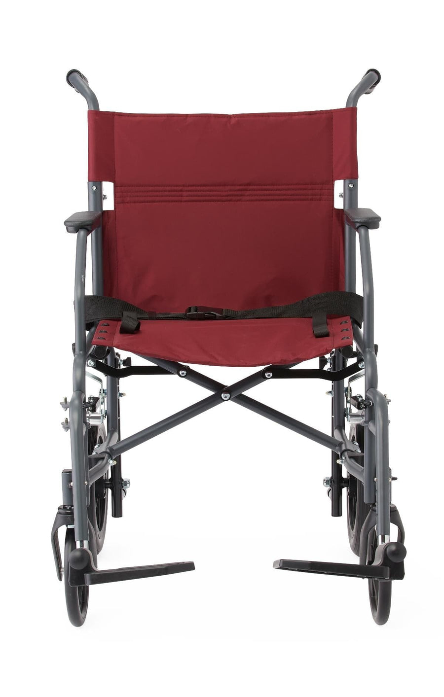 Medline Basic Steel Folding Transport Chair with 12" Wheels - Gray and Burgundy
