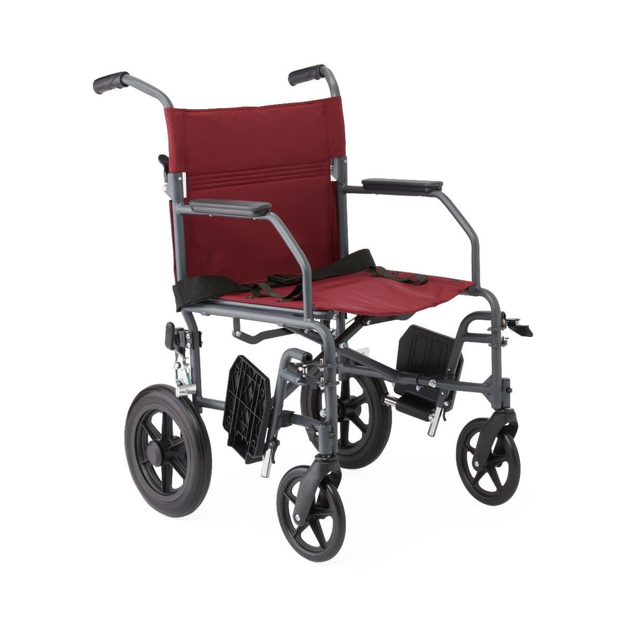Medline Basic Steel Folding Transport Chair with 12" Wheels - Gray and Burgundy