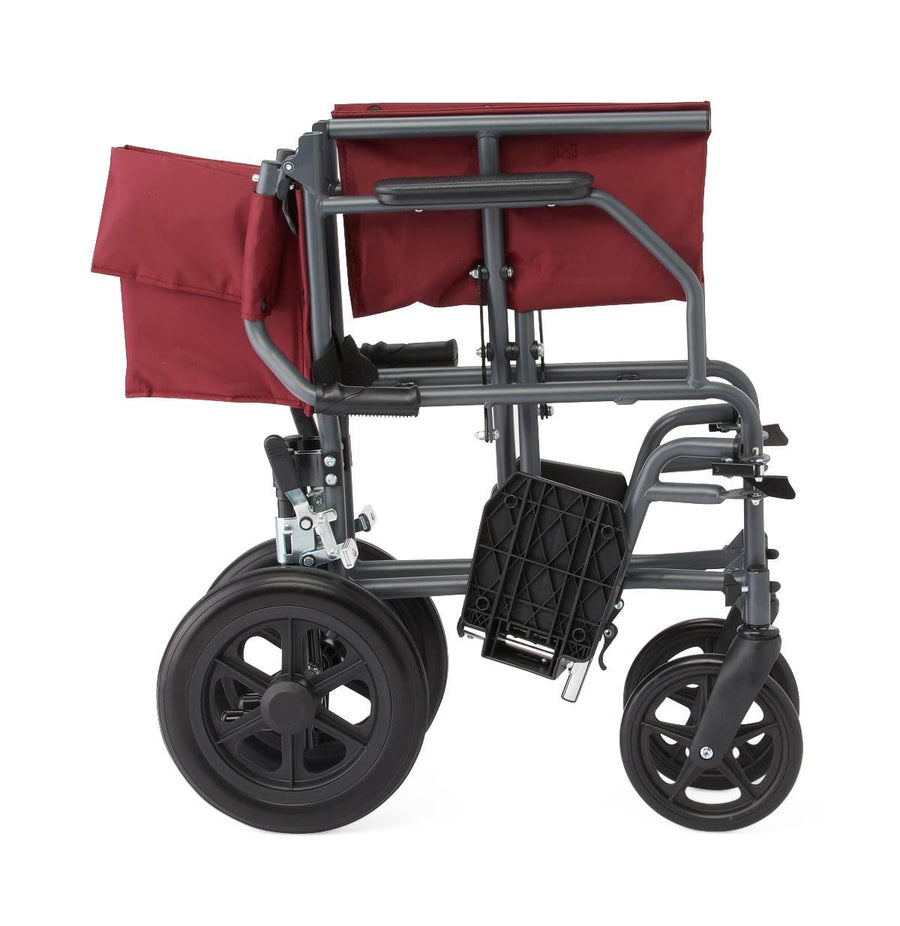 Medline Basic Steel Folding Transport Chair with 12" Wheels - Gray and Burgundy