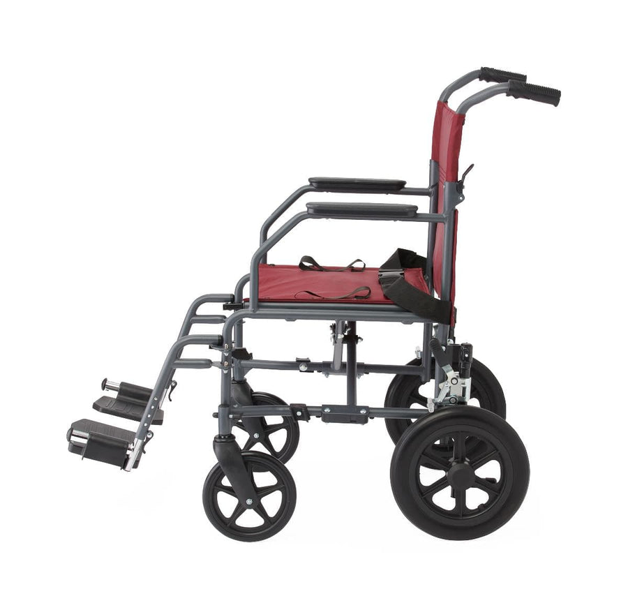 Medline Basic Steel Folding Transport Chair with 12" Wheels - Gray and Burgundy