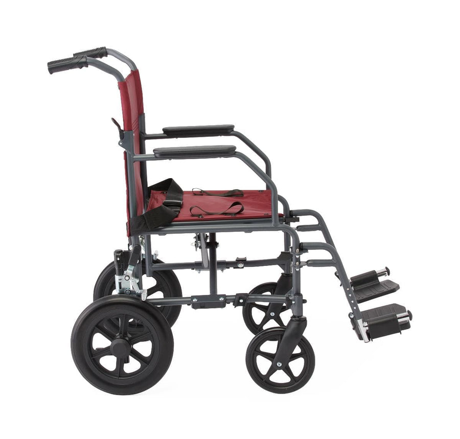 Medline Basic Steel Folding Transport Chair with 12" Wheels - Gray and Burgundy