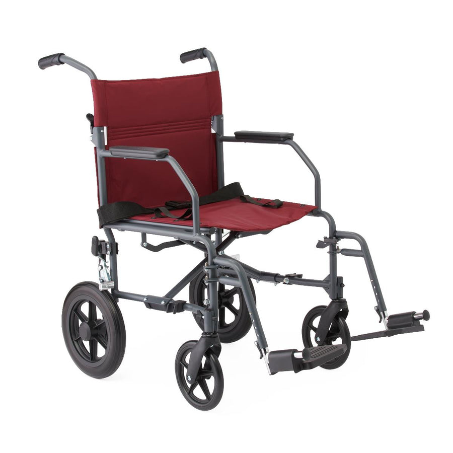 Medline Basic Steel Folding Transport Chair with 12" Wheels - Gray and Burgundy