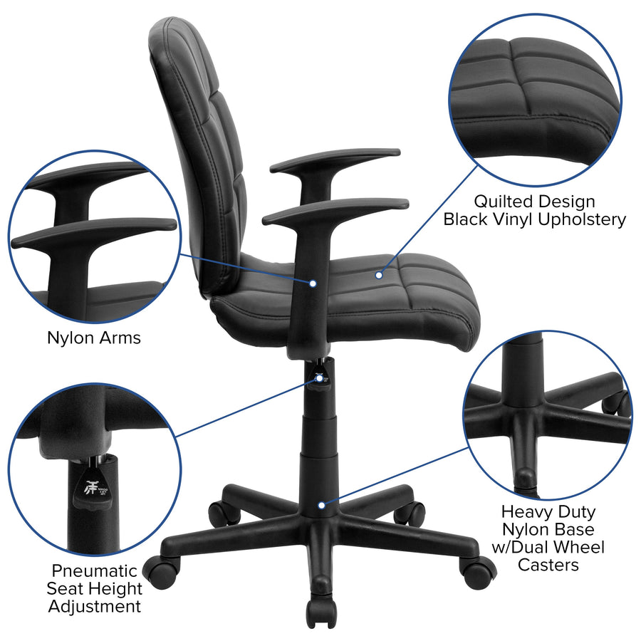 Mid-Back Quilted Vinyl Swivel Task Office Chair with Arms