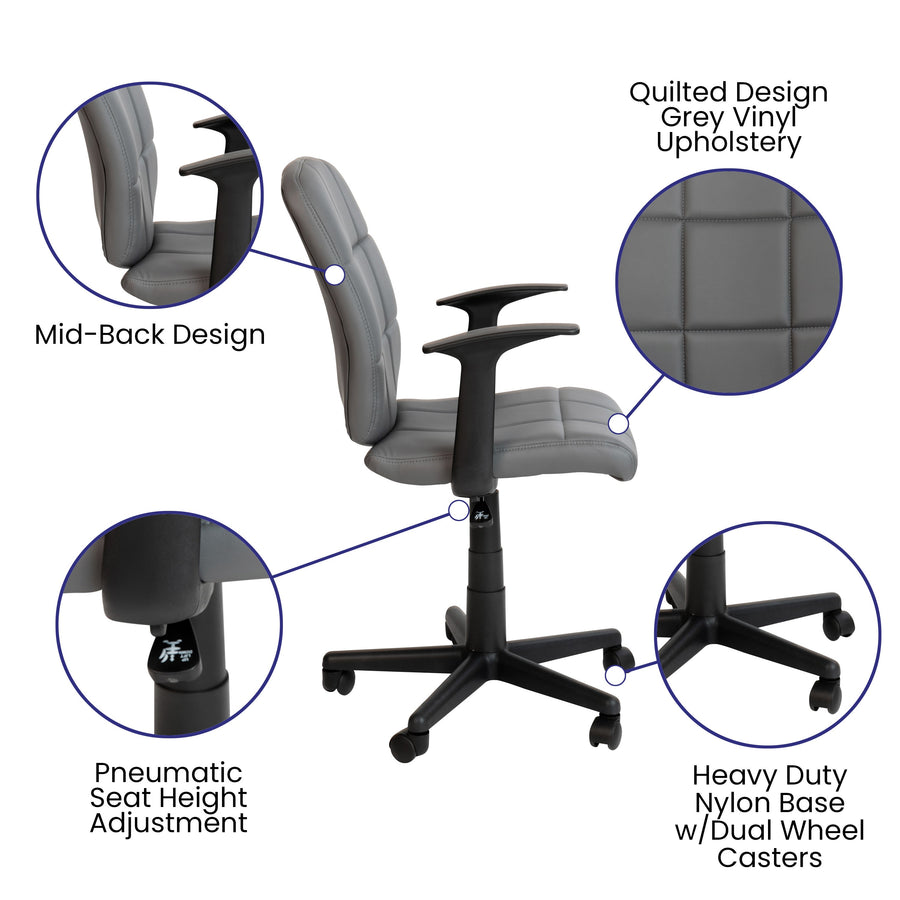 Mid-Back Quilted Vinyl Swivel Task Office Chair with Arms