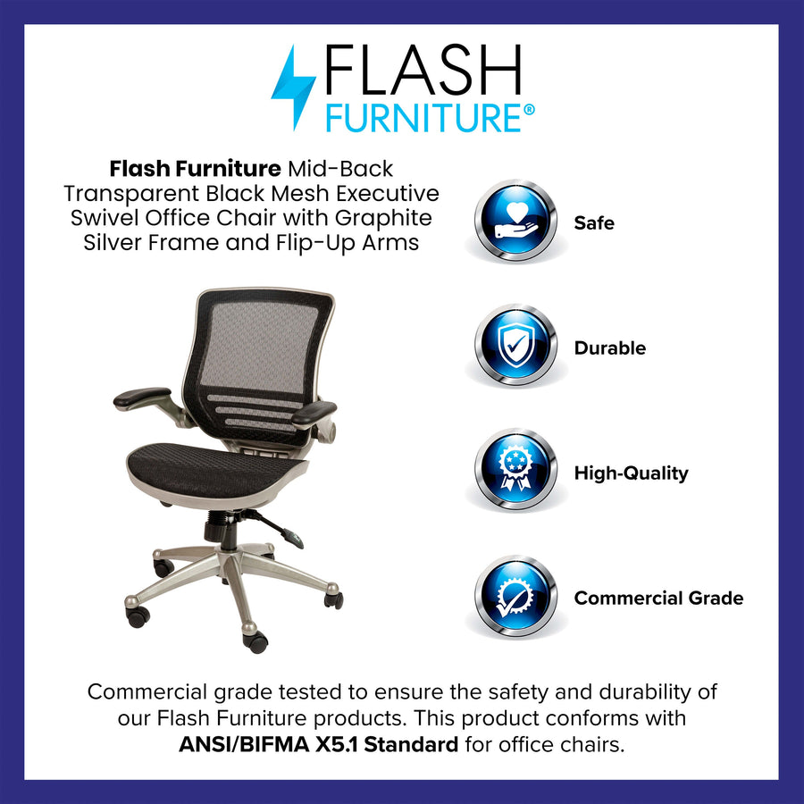 Mid-Back Transparent Mesh Executive Swivel Office Chair with Flip-Up Arms