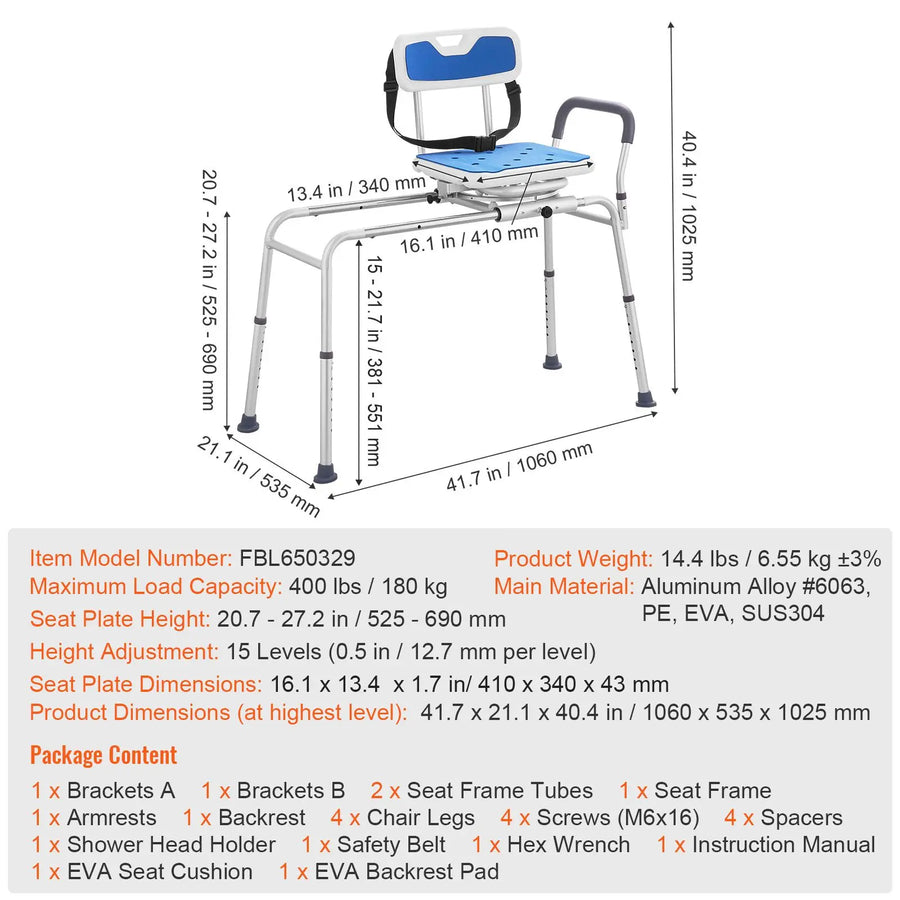 Height Adjustable 360 Swivel Bathtub Transfer Bench with Armrest and Safety Belt view 4