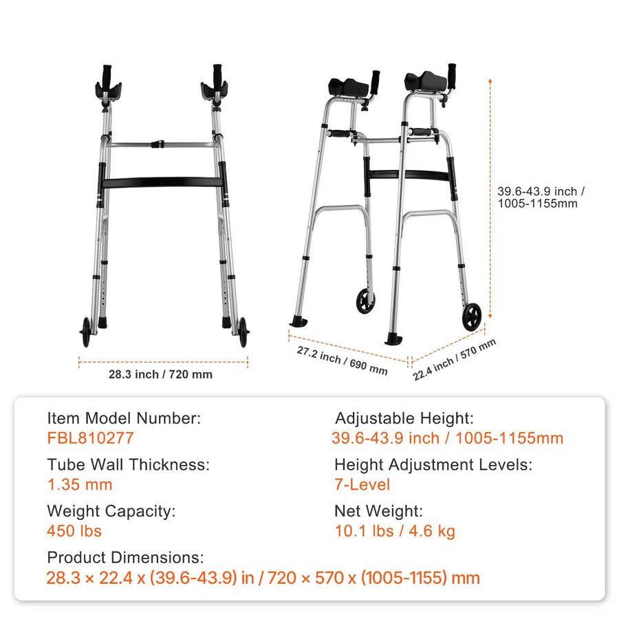 2-in-1 Aluminum Folding Walker with Removable Armrests and 5-Inch Solid Wheels view 6