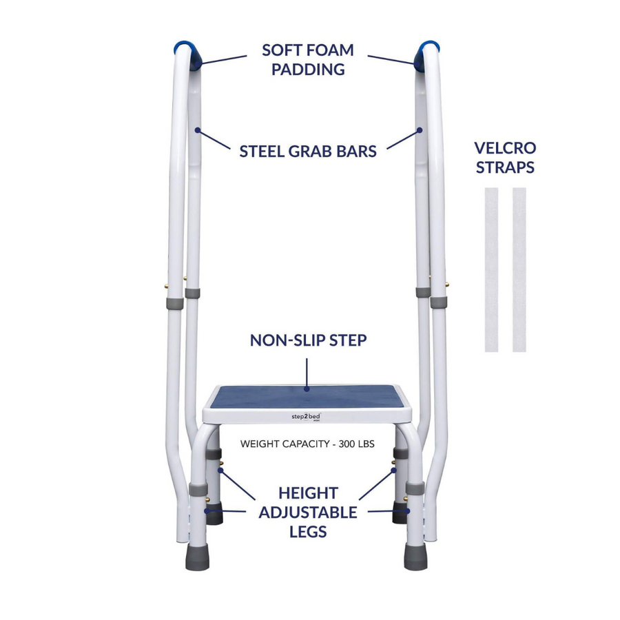 Step2Health Step2Bed Mini - Adjustable Height Bedside Step Stool w/ Dual Arms