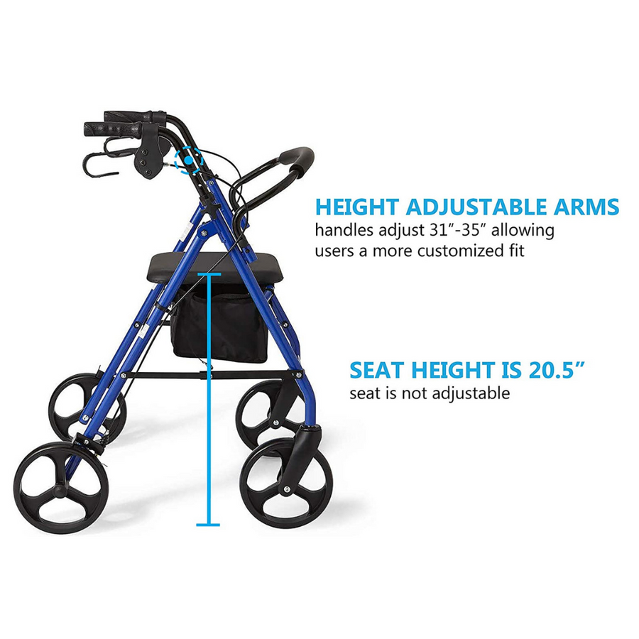Medline Standard Steel Folding Rollator Adult Rolling Walker