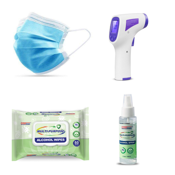 PPE Senior Deluxe Kit I - Dusk Masks, Hand Sanitizer, Alcohol Wipes & Infrared Forehead Thermometer
