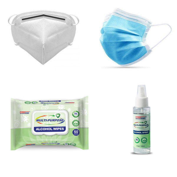 PPE Travel and Shopping Kit I - KN95 Masks, Hand Sanitizer, Alcohol Wipes & Dust Masks