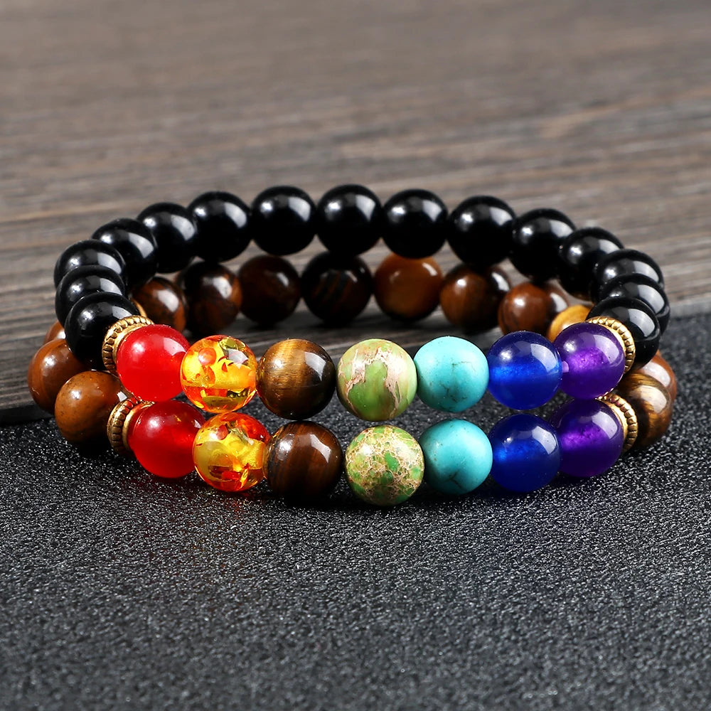 2Pcs/Set 7 Chakra Bracelet for Women Men Balance Buddha Reiki Prayer Tiger Eyes Black Natural Stone Beads Yoga Strand Bracelets