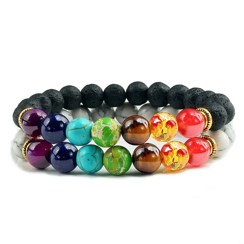 2Pcs/Set 7 Chakra Bracelet for Women Men Balance Buddha Reiki Prayer Tiger Eyes Black Natural Stone Beads Yoga Strand Bracelets