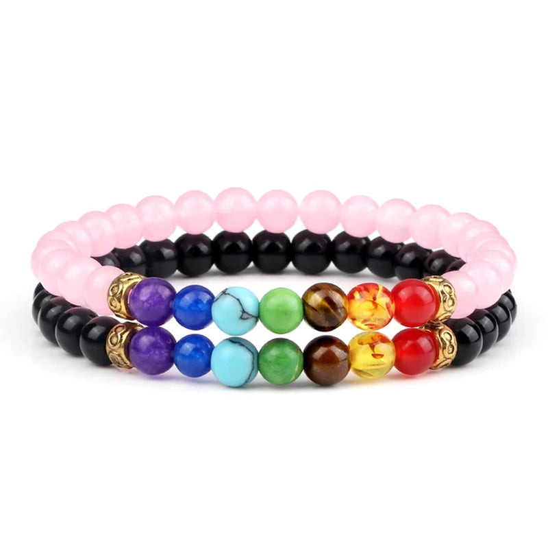 2Pcs/Set 7 Chakra Bracelet for Women Men Balance Buddha Reiki Prayer Tiger Eyes Black Natural Stone Beads Yoga Strand Bracelets