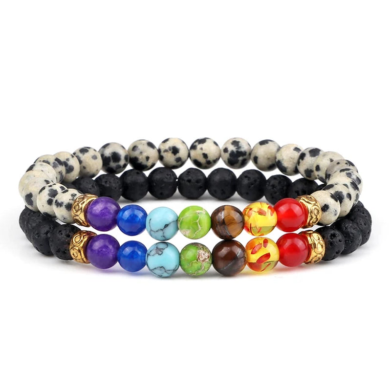 2Pcs/Set 7 Chakra Bracelet for Women Men Balance Buddha Reiki Prayer Tiger Eyes Black Natural Stone Beads Yoga Strand Bracelets