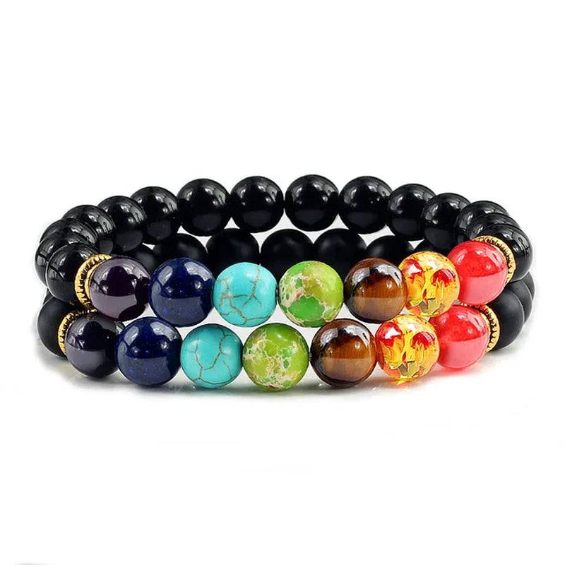 2Pcs/Set 7 Chakra Bracelet for Women Men Balance Buddha Reiki Prayer Tiger Eyes Black Natural Stone Beads Yoga Strand Bracelets