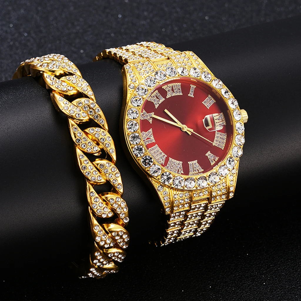 2 Pcs Watch+Bracelet Hip Hop Stainless Steel Gold Color Calendar Watch for Men Iced Out Paved Rhinestones Men Watch Reloj Hombre