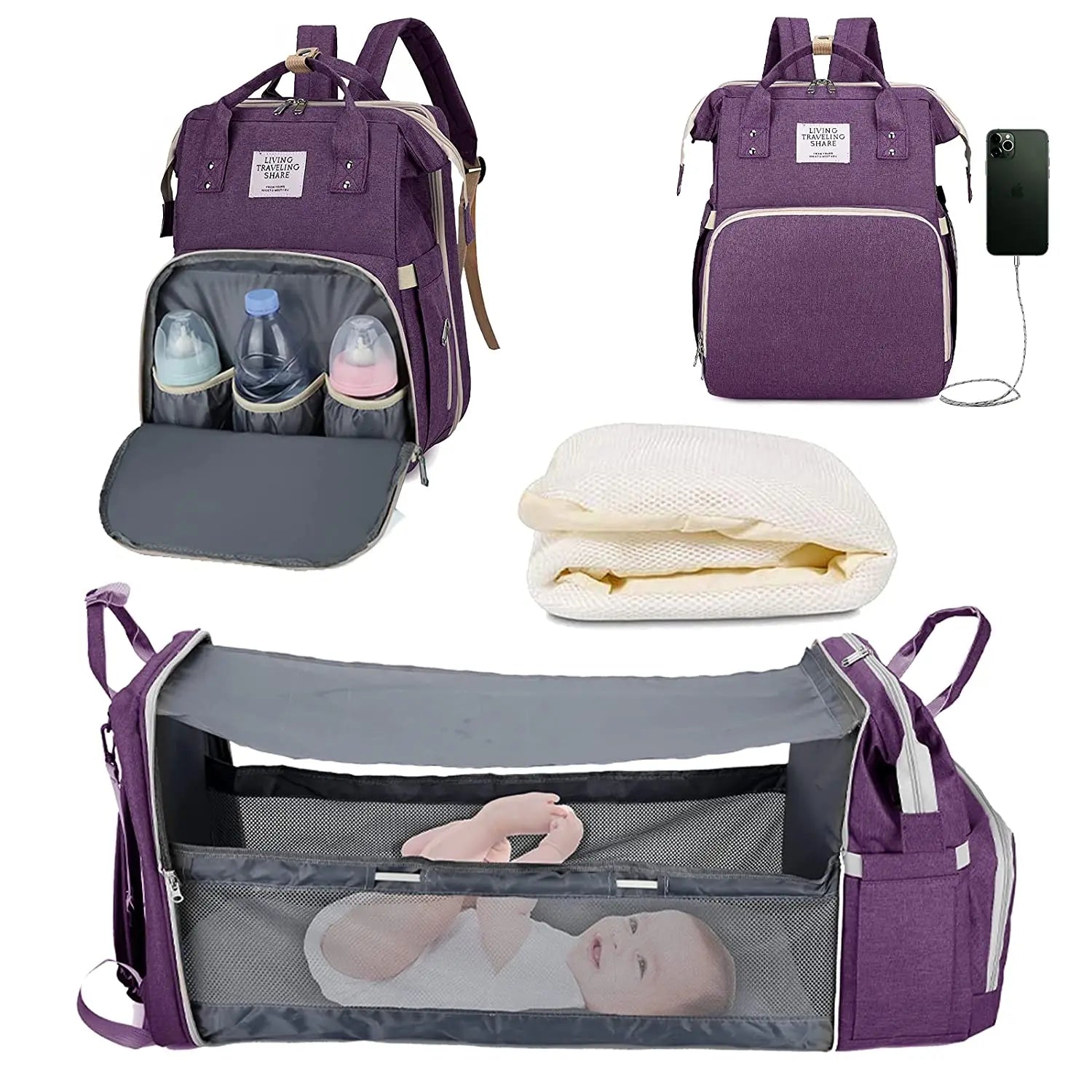 3 in 1 Diaper Bag Backpack Foldable Baby Bed Waterproof Travel Bag with USB Charge Diaper Bag Backpack with Changing Bed 3 Types