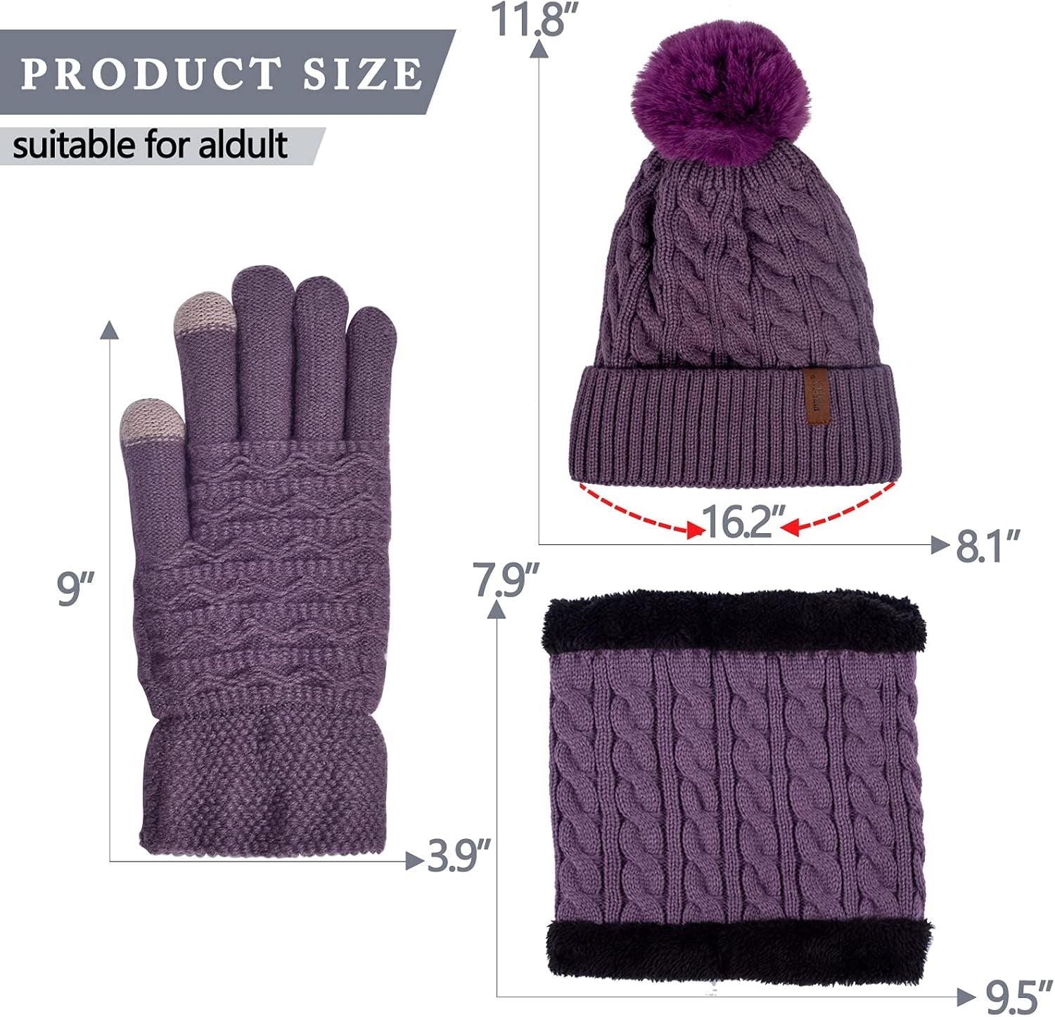 3Pcs Winter Women Beanie Hat Scarf and Touch Screen Gloves Sets Girls Classic Knit Warm Chunky Fleece Lined Cable Cap