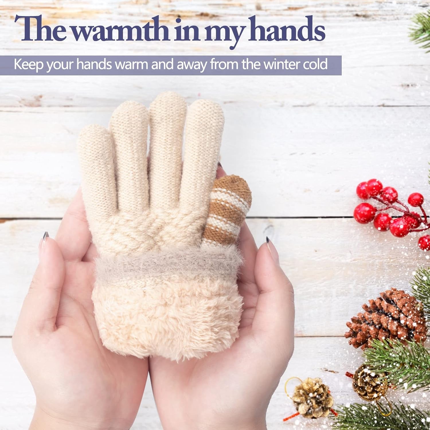 Winter Gloves for Boys Girls - Kids Warm Knit Thermal Cable Knitted Gloves Wool Fleece Lined Mittens for Cold Weather