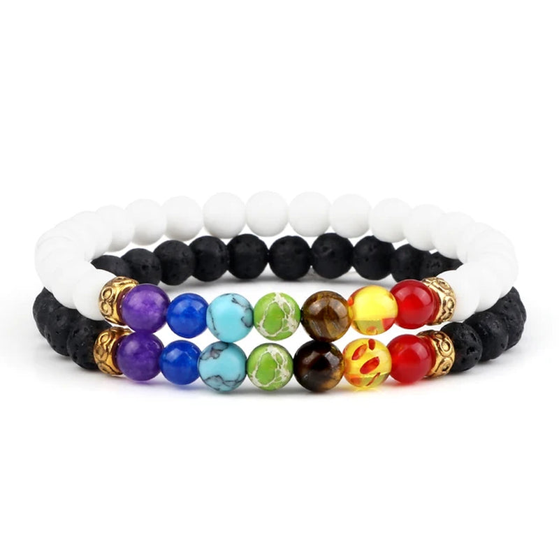 2Pcs/Set 7 Chakra Bracelet for Women Men Balance Buddha Reiki Prayer Tiger Eyes Black Natural Stone Beads Yoga Strand Bracelets