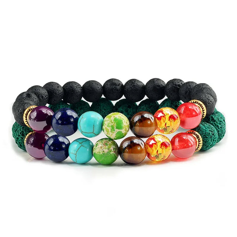 2Pcs/Set 7 Chakra Bracelet for Women Men Balance Buddha Reiki Prayer Tiger Eyes Black Natural Stone Beads Yoga Strand Bracelets