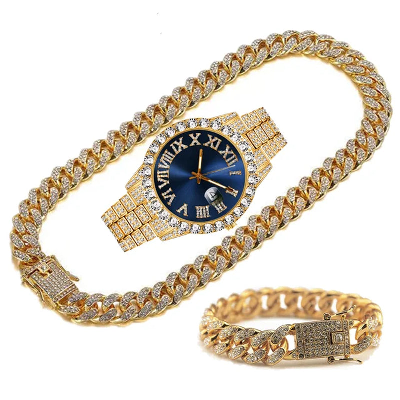 2 Pcs Watch+Bracelet Hip Hop Stainless Steel Gold Color Calendar Watch for Men Iced Out Paved Rhinestones Men Watch Reloj Hombre