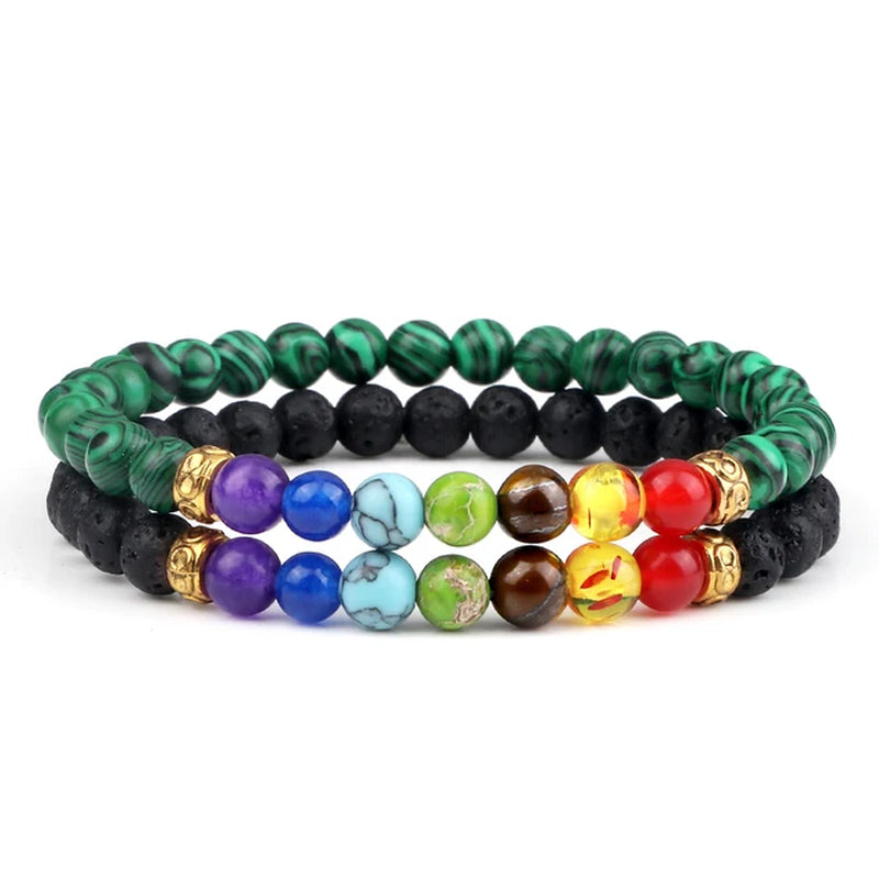 2Pcs/Set 7 Chakra Bracelet for Women Men Balance Buddha Reiki Prayer Tiger Eyes Black Natural Stone Beads Yoga Strand Bracelets