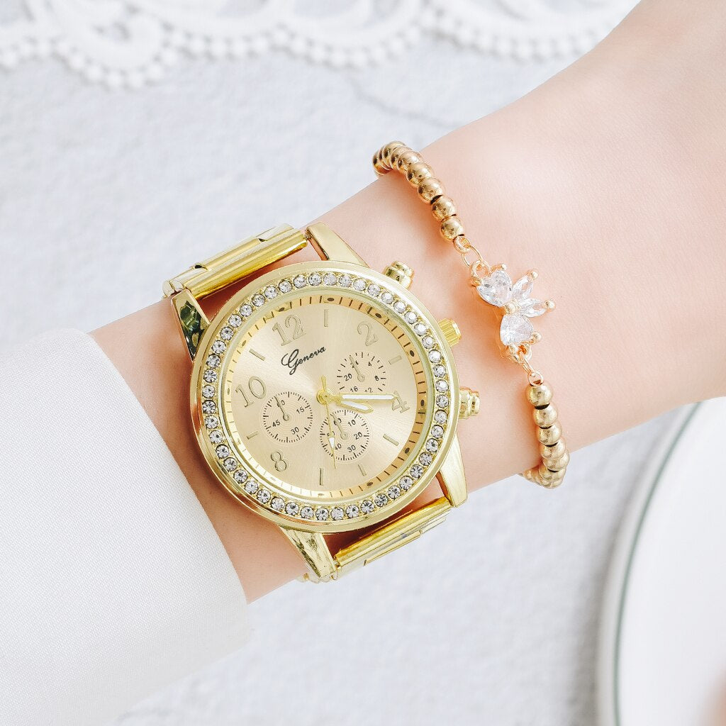 Diamond Women Luxury Brand Watch Rhinestone Elegant Ladies Watches Gold Clock 3 Eyes Wrist Watches for Women Relogio Feminino