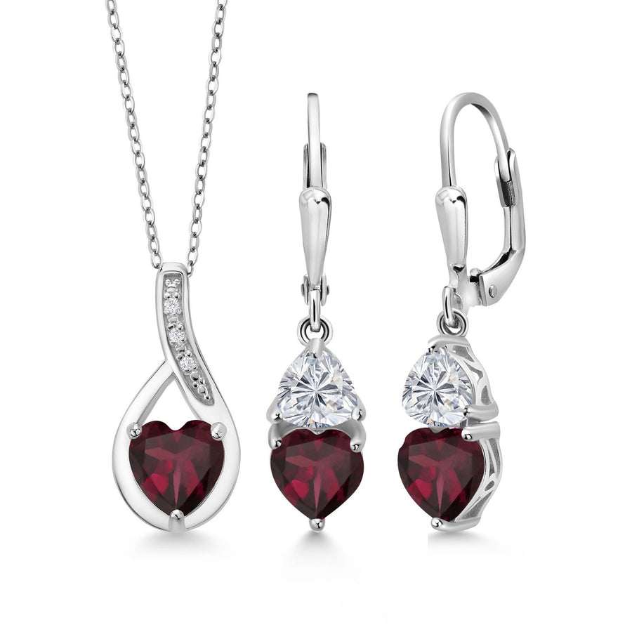 Gem Stone King Rhodolite Garnet and Clear Stone Pendant and Earring Set, Sterling Silver