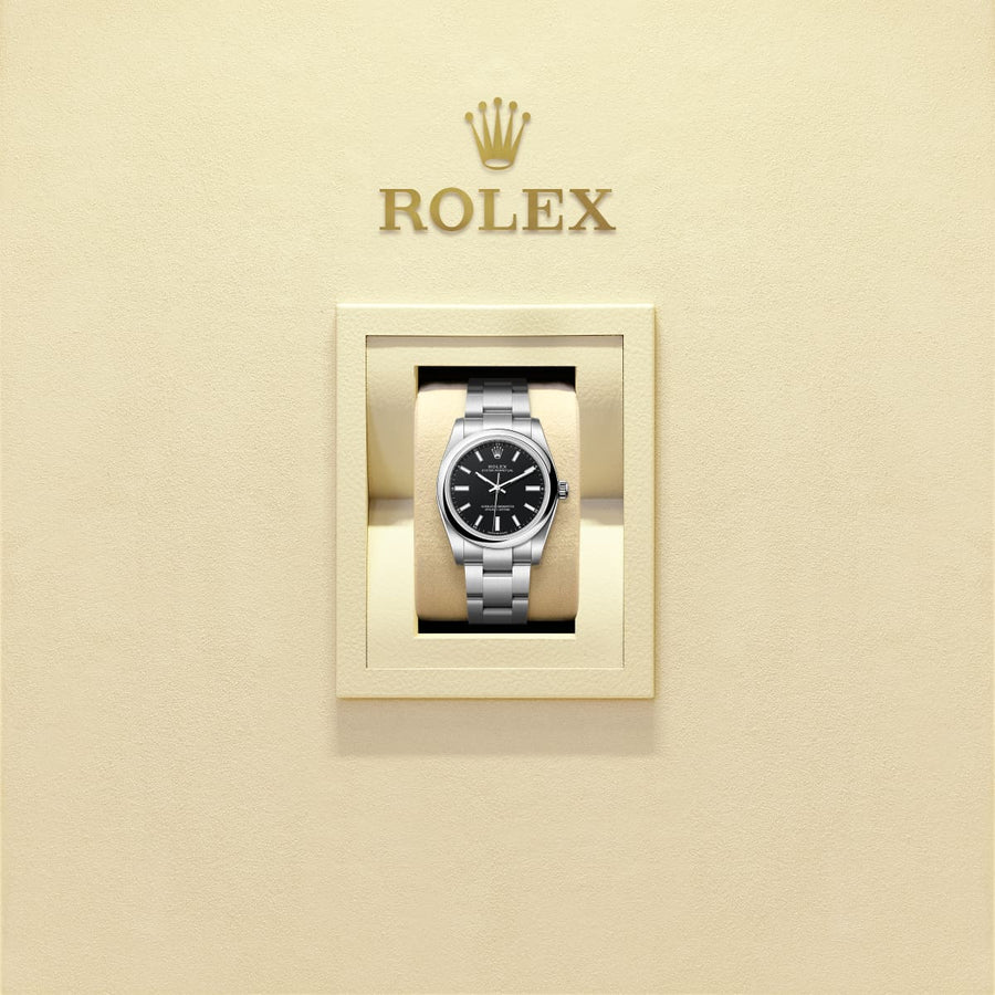 Unworn 2025, Oyster Perpetual, Oystersteel, 34mm, Black dial, Domed Oyster, Ref# 124200-0010, box and papers