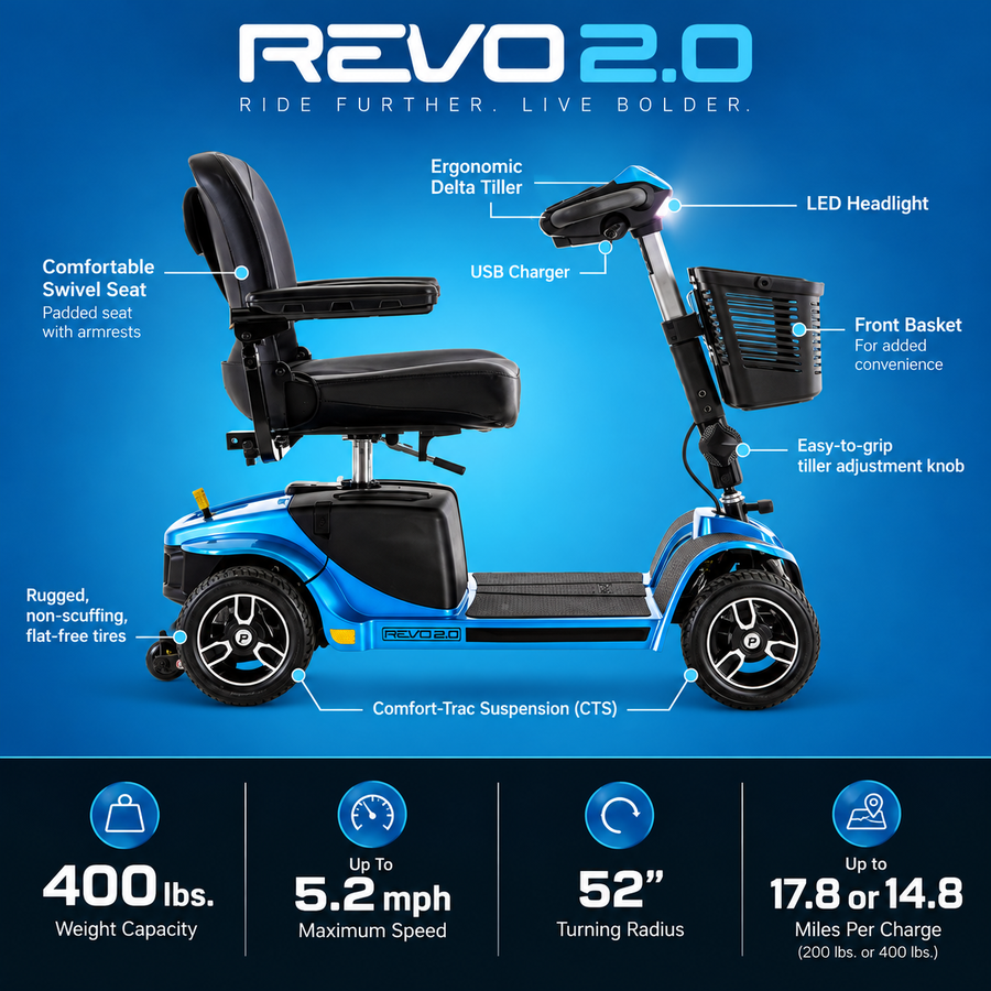 Pride Revo 2.0 4-Wheel Mobility Scooter, 375 lb Capacity