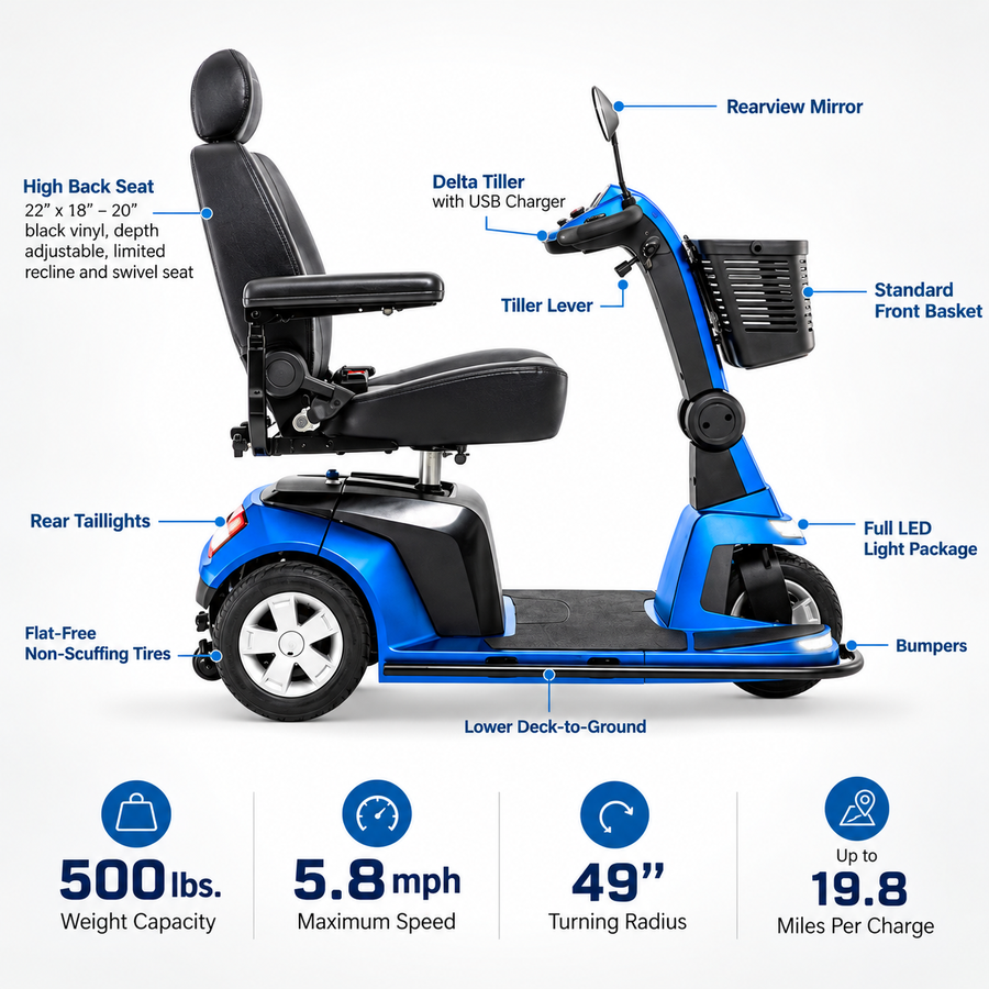 Pride Maxima 3-Wheel Mobility Scooter, 500 lb Capacity