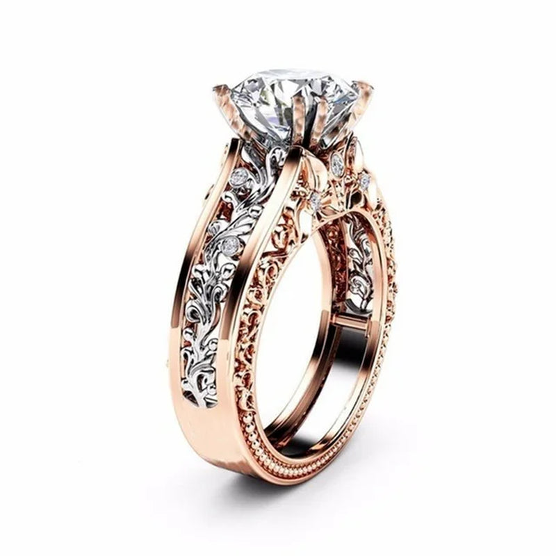 1Pcs Luxury Women Ring Metal Hollow Carving Pattern Rose Gold Color Zircon Stones Couple Ring Bridal Engagement Wedding Jewelry