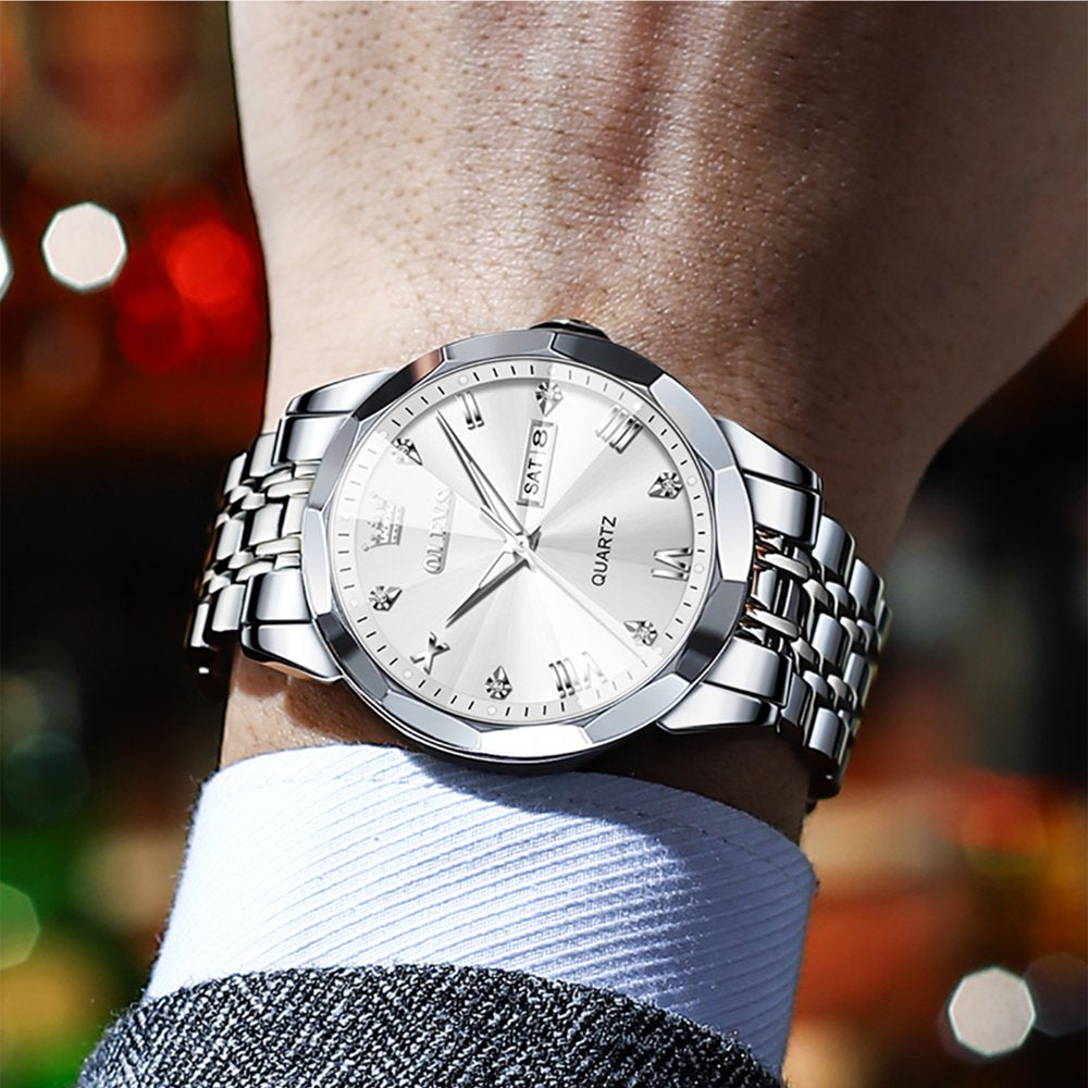 Luxury Watches for Men Diamond Casual Dress Business Mens Watches Easy Reader Two Tone Stainless Steel Date Fashion Quartz Watch Waterproof Luminous Reloj Para Hombre