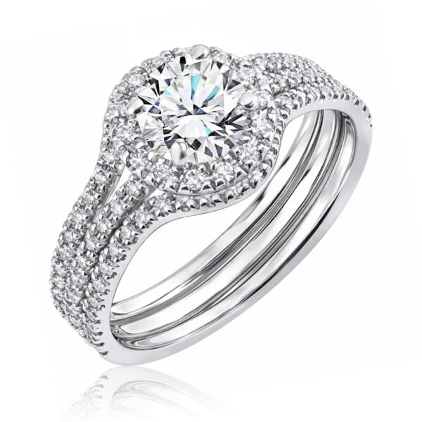 JeenMata 1 Carat Lab Grown Diamond Trio Wedding Ring Set - Round Cut Halo Statement Ring in 18K White Gold Plating for Women