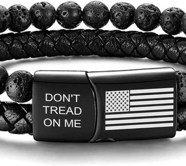 Jewmon Cross American Flag Bracelet for Men Lava Rock Braided Leather Cuff Wirstband Bracelet