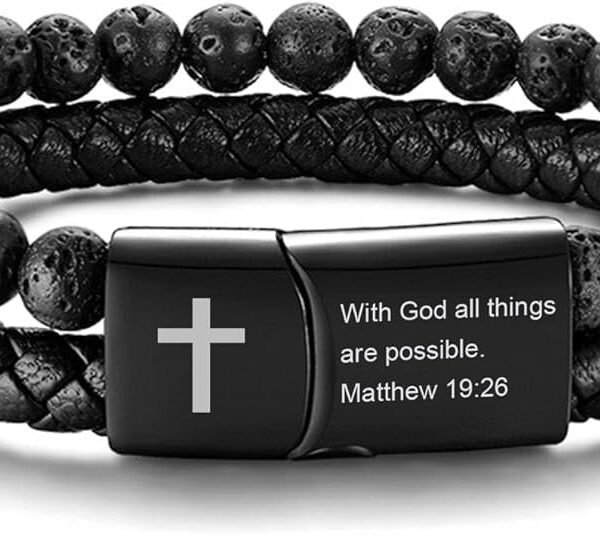 Jewmon Men's Inspirational Bible Verse Bracelet Lava Rock Beads Bracelet Braided Leather Cuff Wristband Magnetic Clasp