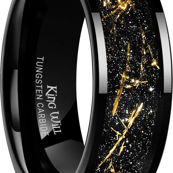 King Will 8mm Tungsten Carbide Ring for Men Black Wedding Band Sandstone Gold Foil Inlay High Polished Pipe Cut Edge Comfort Fit Size 12