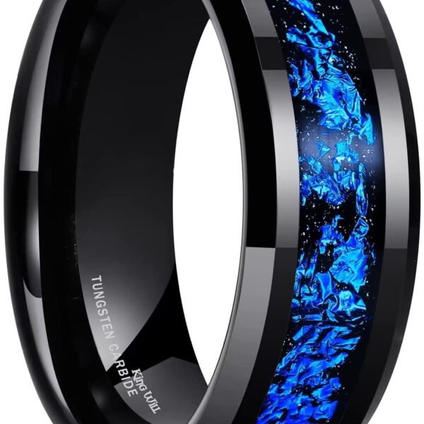 King Will GALAXY Mens 8mm Black Tungsten Carbide Wedding Ring with Blue Foils Inlay Beveled Edge Foils Tungsten Wedding Band Comfort Fit Size 10.5