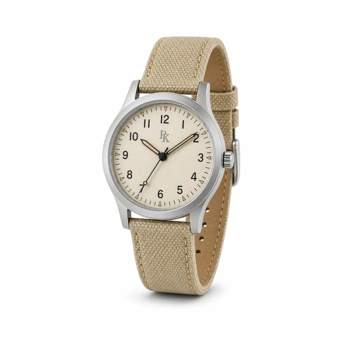 rk-nmd-38-crm-cnv-front Jouelanity Nomad 38mm Cream Canvas Field Watch - Image 2