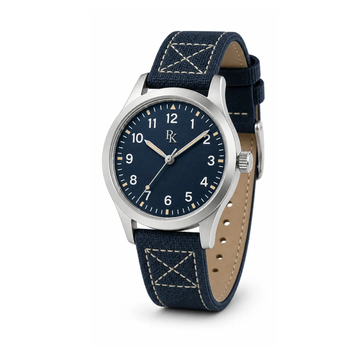 rk-nmd-42-blu-cnv-angle Jouelanity Nomad 42mm Blue Canvas Field Watch - Image 3