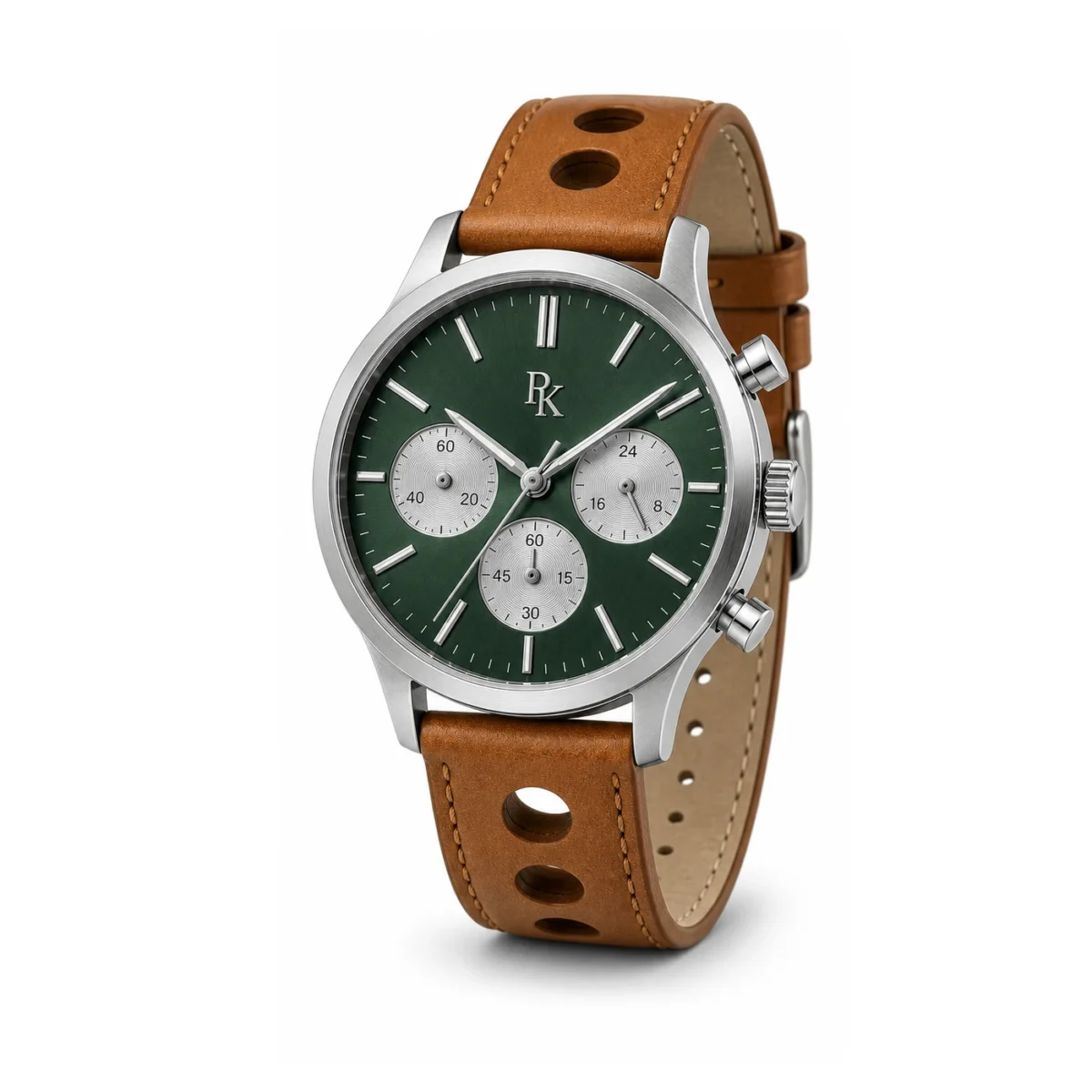 rk-tmp-44-grn-tan-angle Jouelanity Tempo 44mm Green Tan Chronograph Watch - Image 3