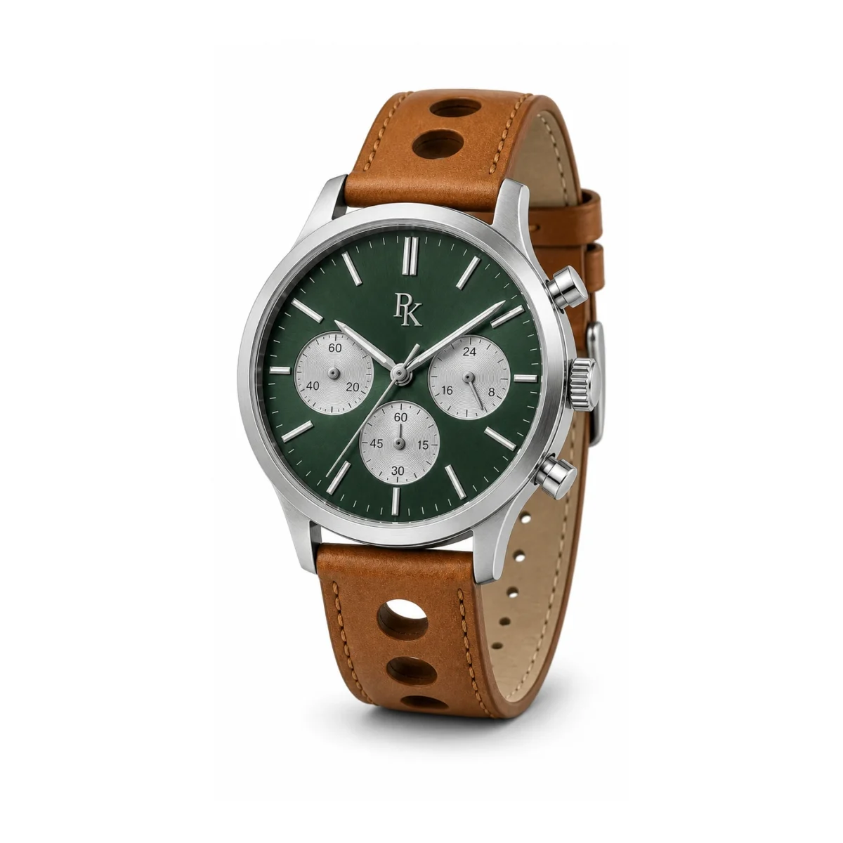 rk-tmp-44-grn-tan-front Jouelanity Tempo 44mm Green Tan Chronograph Watch - Image 2