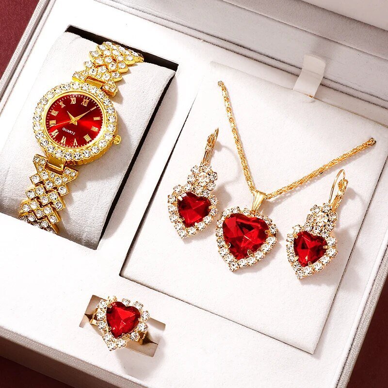 golden luxury watch women ring necklace earring rhinestone fashion wristwatch casual ladies bracelet watches jewelry set