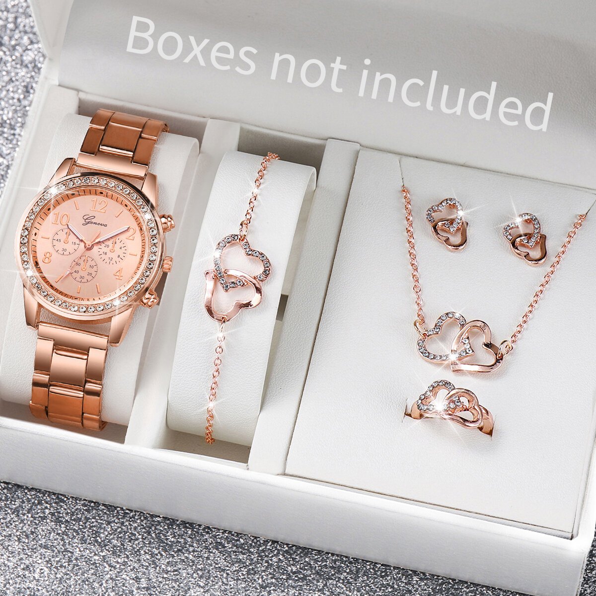 6pcs/set women's watch fashion rhinestone stainless steel band quartz watch double heart jewelry set(without box) 6pcs/set women's watch fashion rhinestone stainless steel band quartz watch double heart jewelry set(without box)