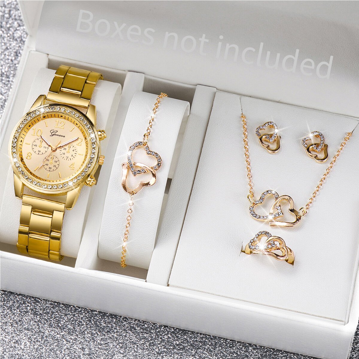 6pcs/set women's watch fashion rhinestone stainless steel band quartz watch double heart jewelry set(without box) 6pcs/set women's watch fashion rhinestone stainless steel band quartz watch double heart jewelry set(without box)